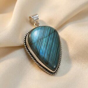 Labradorite Pendant Sterling Silver Teardrop Cabochon Necklace Charm 2”